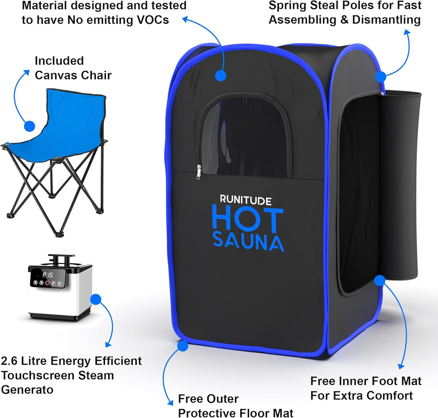 Runitude Portable Sauna Steam Tent | Full Size Home Personal Sauna Box Steam Room | Touchscreen 1000W 2.6 litre Generator | Including 1x Chair, 1x Foot Mat & 1x Protective Floor Mat | Men & Women