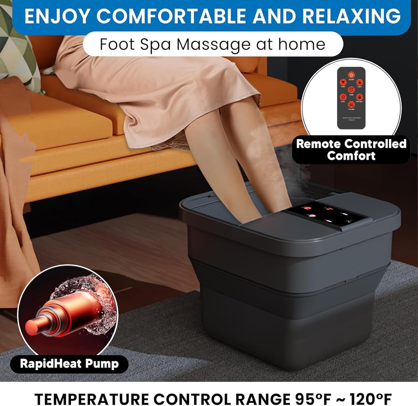 Collapsible Foot Spa Electric Rotary Massage, Foot Bath with Heat, Bubble, Temp Control-remote control, and 18 Motorized Shiatsu Massage Balls