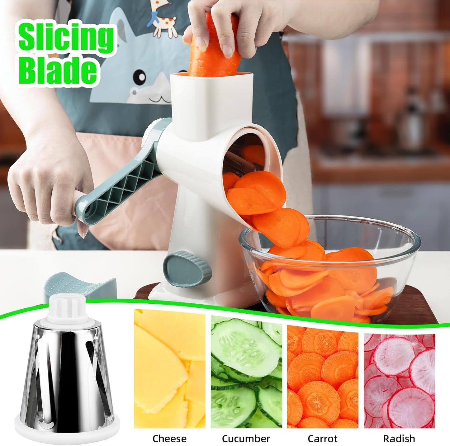Rotary Cheese Grater Manual with 3 Blades for Slice, Dice, Julienne, Vegetable Chopper Safest Vegetable Slicer Home Accessories Cutter for Salad Potato Veg Onion Garlic Carrot Fruit