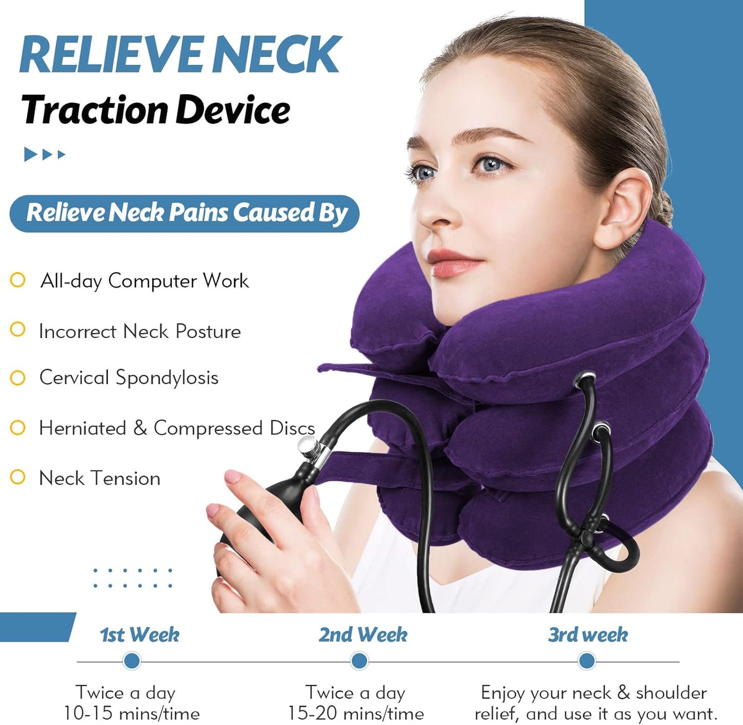 Jaximy Neck Stretcher, Cervical Traction Device, Neck Pain Relief, Adjustable Inflatable Neck Brace& Cervical Pillow, Cervical Neck Traction Device, Cervical Neck Pillow Home Use Decompression(purple)