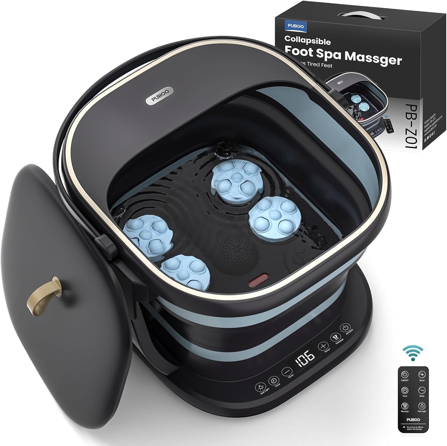 Puboo Collapsible Heated Foot Spa Bath with Remote, 95-115°F Precise Temp Control, Motorized Massage Rollers & Acupressure, Quiet <50dB, Fits US Men’s Size 11 | Ideal Gift for Family & Friends