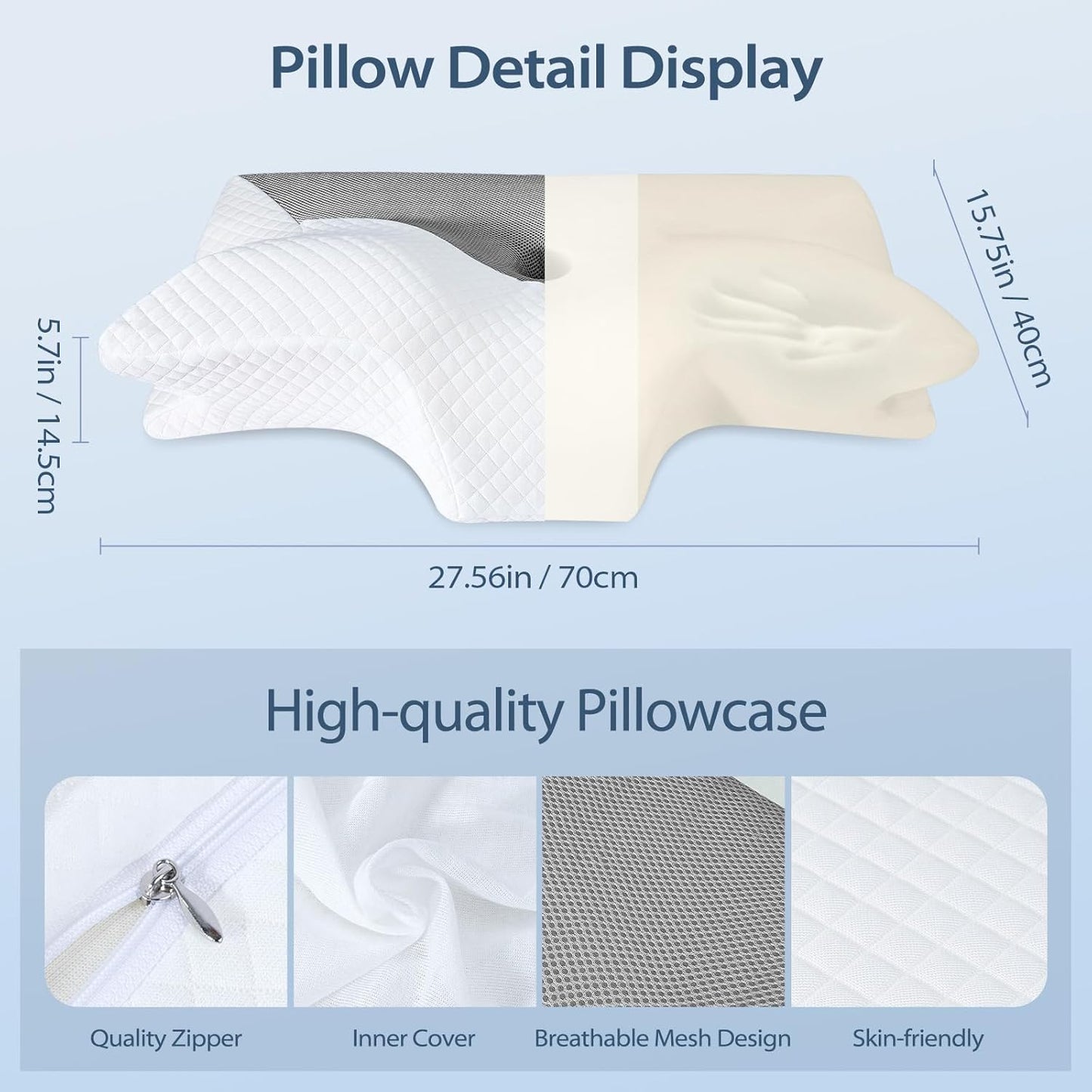 HOMCA Cervical Pillow Memory Foam Pillows - Contour Memory Foam Pillow for Neck Pain Relief, Orthopedic Neck Bed Pillow for Side Sleepers Back and Stomach