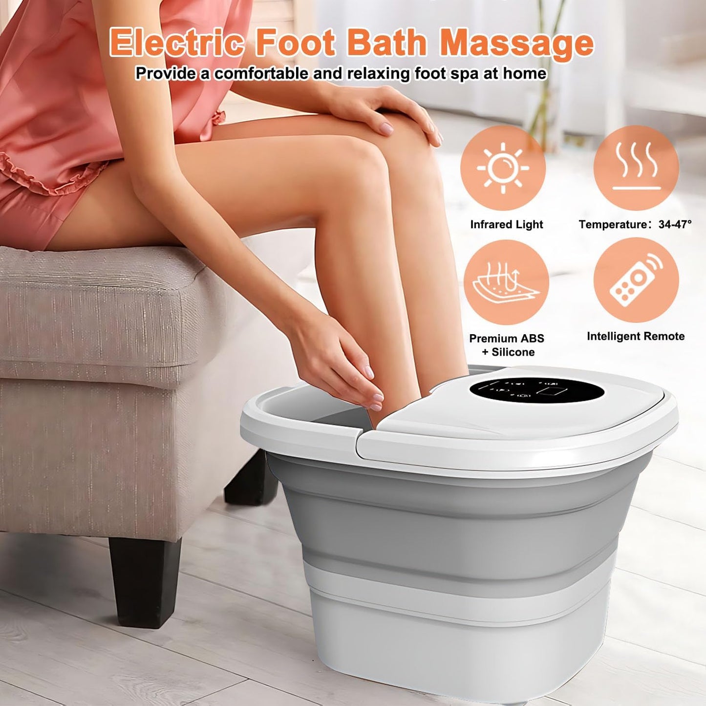 Gluckluz Collapsible Foot Spa Foldable Bath Tub Pedicure Soaking Tub Electric Foot Washer Basin with Remote Temperature Control & Heat Bubbles & 8 Massage Rollers for Feet Stress Relief Home Office