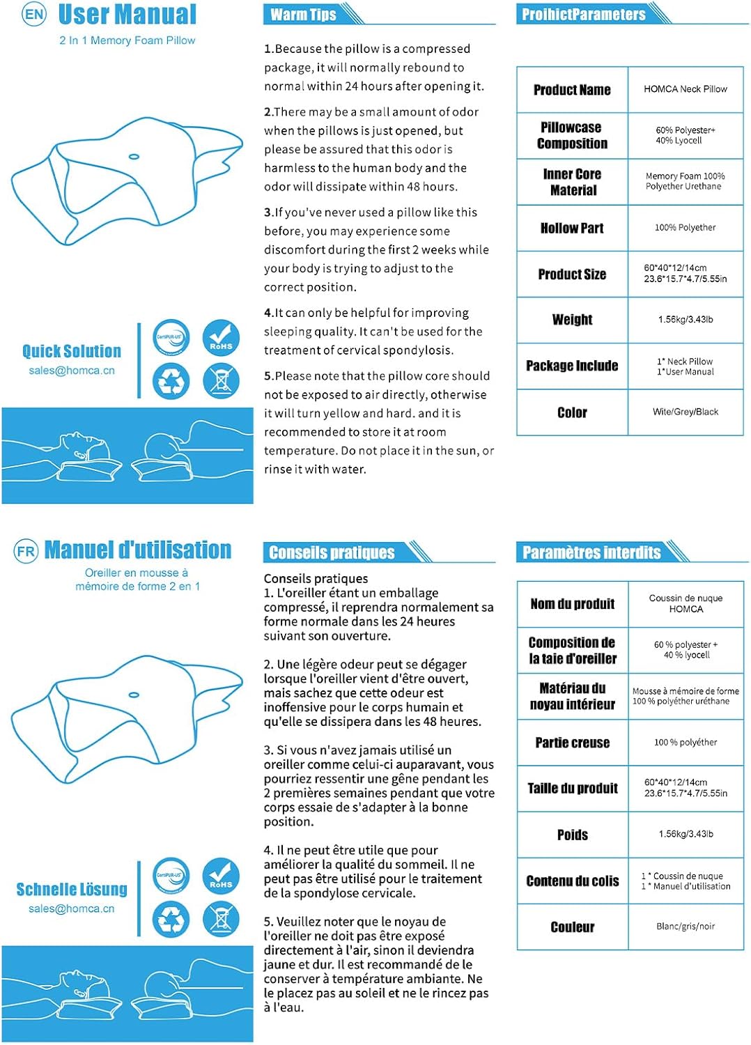 HOMCA Memory Foam Cervical Pillow, 2 in 1 Ergonomic Contour Orthopedic Pillow for Neck Pain, Contoured Support Pillows for Side Back Stomach Sleepers