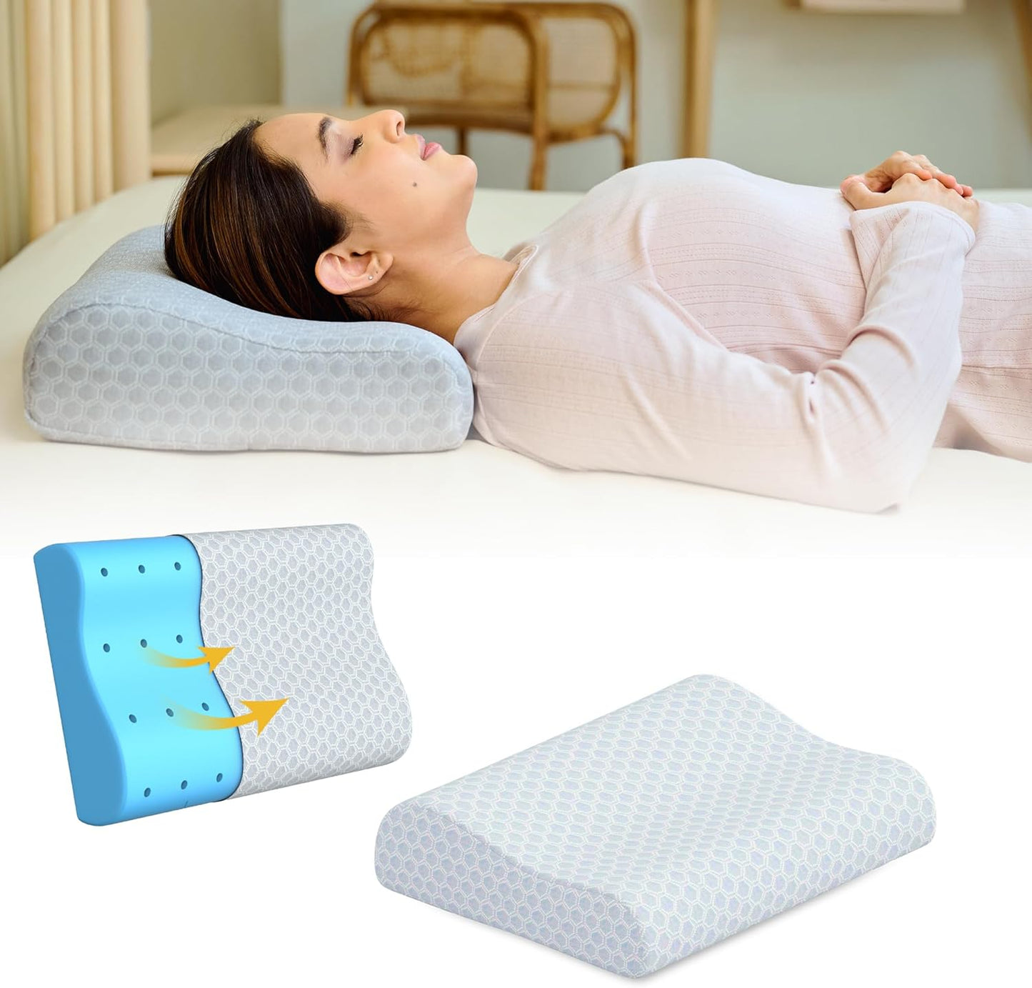 CareFoam Memory Foam Pillow, Contour Cervical Pillow for Neck & Shoulder Pain - Orthopedic Pillow, Neck Cervical Sleeping Pillows for Side & Back Sleepers White Jacquard Cover-Standard (Pack of 2)