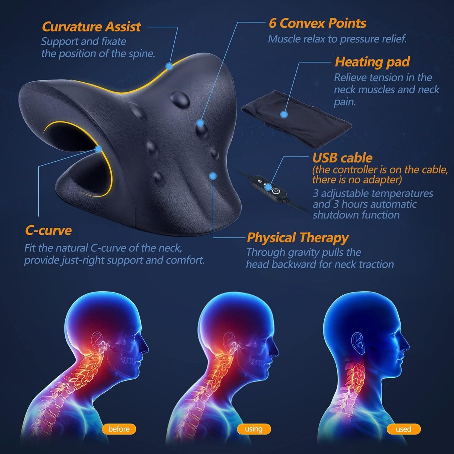 Neck and Shoulder Relaxer with Magnetic Therapy Pillowcase, Heated Cervical Traction Device Pillow with Graphene Pad, Cervical Traction Device for Relieve TMJ Headache Muscle Tension Spine Alignment