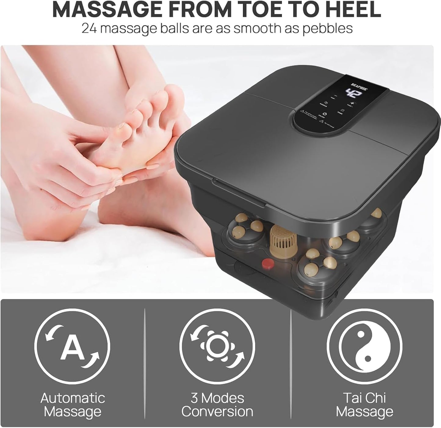 Collapsible Foot Spa Electric Rotary Massage, Foot Bath with Heat, Bubble, Temp Control-remote control, and 18 Motorized Shiatsu Massage Balls