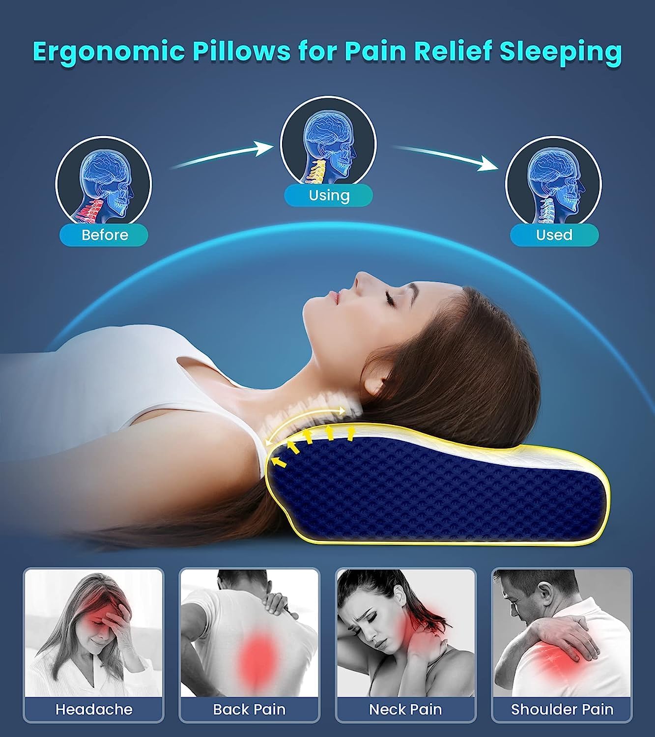 Adjustable Cervical Pillow for Neck and Shoulder Pain Relief, 5x Support Memory Foam Pillows for Sleeping, Orthopedic Contour Traction Pillow Odorless, Bed Pillow for Side Back Stomach Sleeper (Blue)