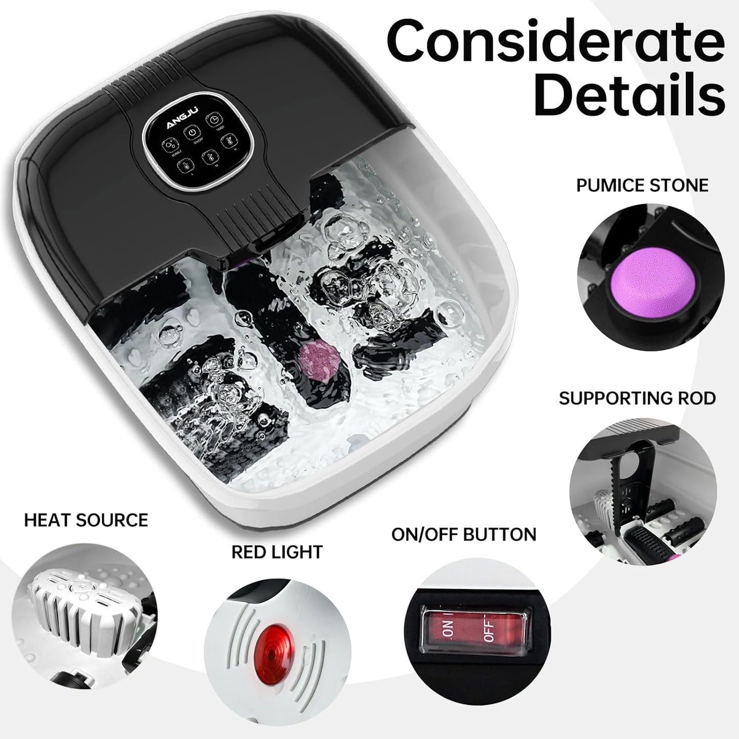 Angju Collapsible Foot Spa with Heat,Remote Temperature Control and Bubble,Foot Bath Massager Tub with 6 Massage Rollers,Timer and Pumice Stone,Electric Pedicure Feet Soak Machine for Stress Relief
