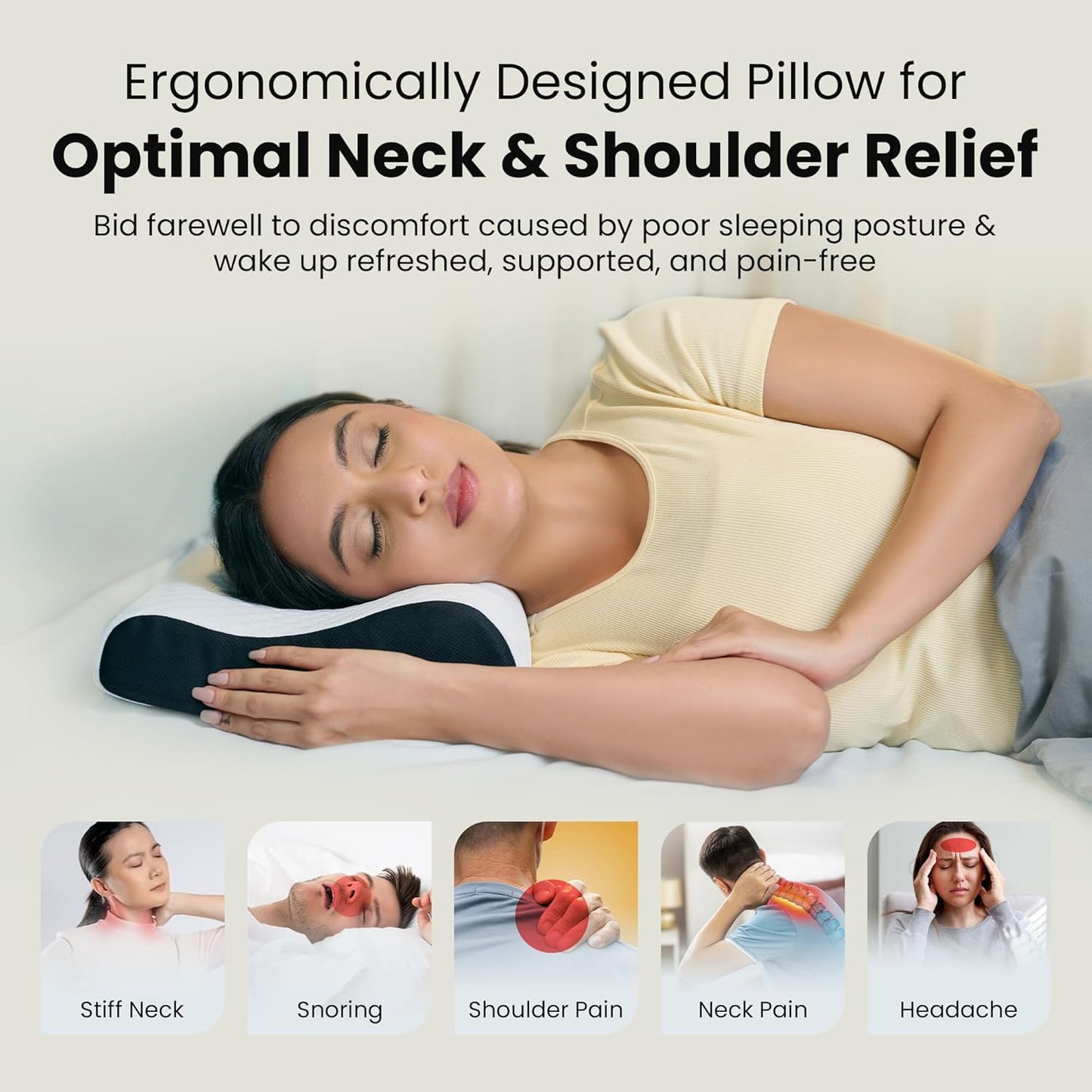 CareFoam Memory Foam Pillow, Contour Cervical Pillow for Neck & Shoulder Pain - Orthopedic Pillow, Neck Cervical Sleeping Pillows for Side & Back Sleepers White Jacquard Cover-Standard (Pack of 2)