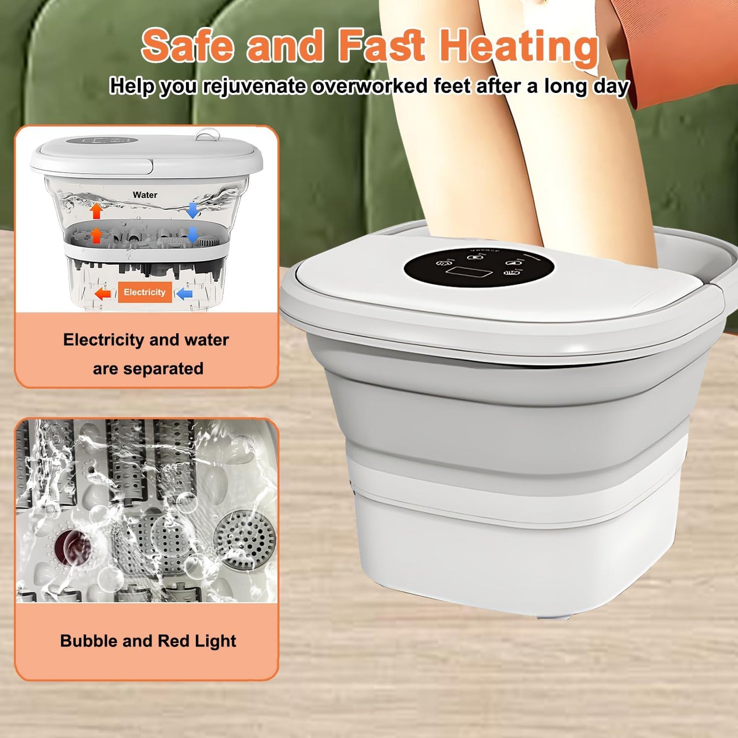 Gluckluz Collapsible Foot Spa Foldable Bath Tub Pedicure Soaking Tub Electric Foot Washer Basin with Remote Temperature Control & Heat Bubbles & 8 Massage Rollers for Feet Stress Relief Home Office