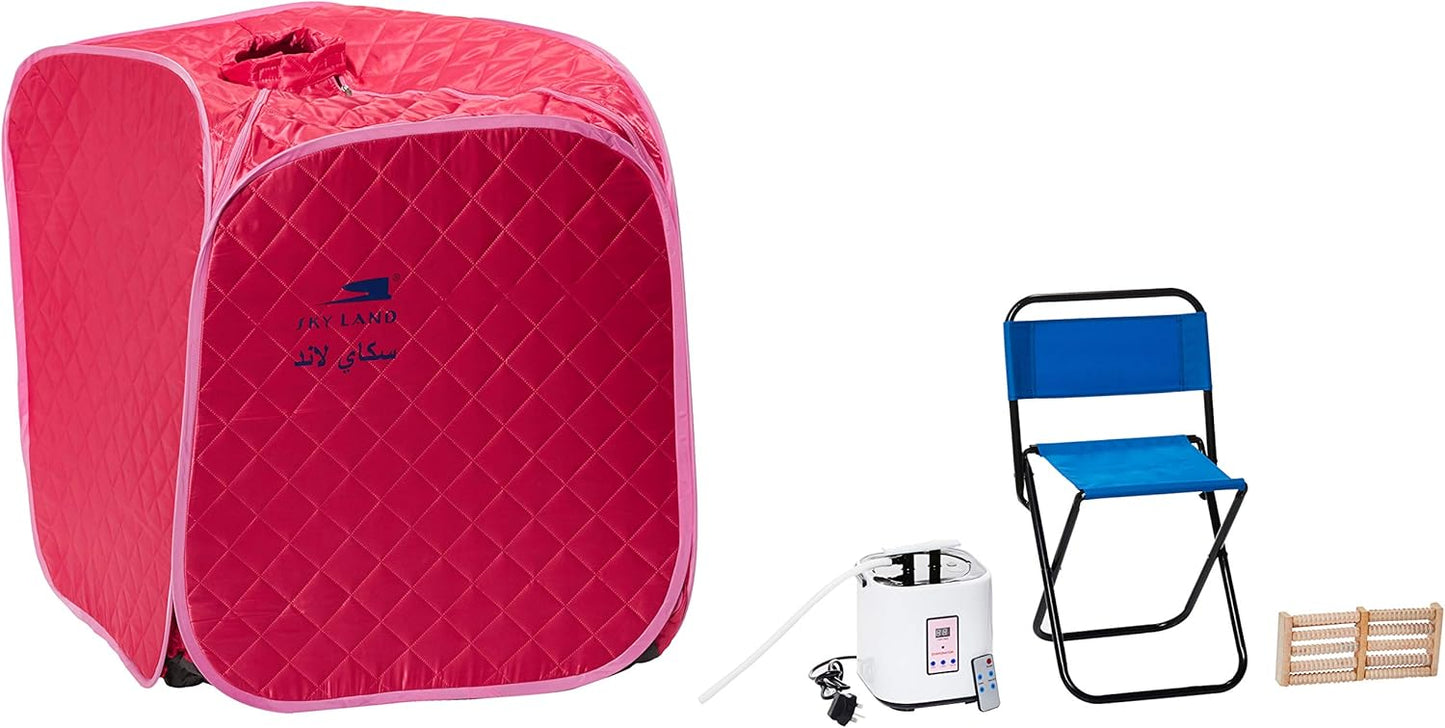 SKY LAND Portable Steam Sauna, Home Spa Sauna Tent with LED Steam Generator, Remote Control, Folding Chair & Foot Massager, Personal Relaxation & Detox Therapy for Men & Women (Pink, Small) EM-9209