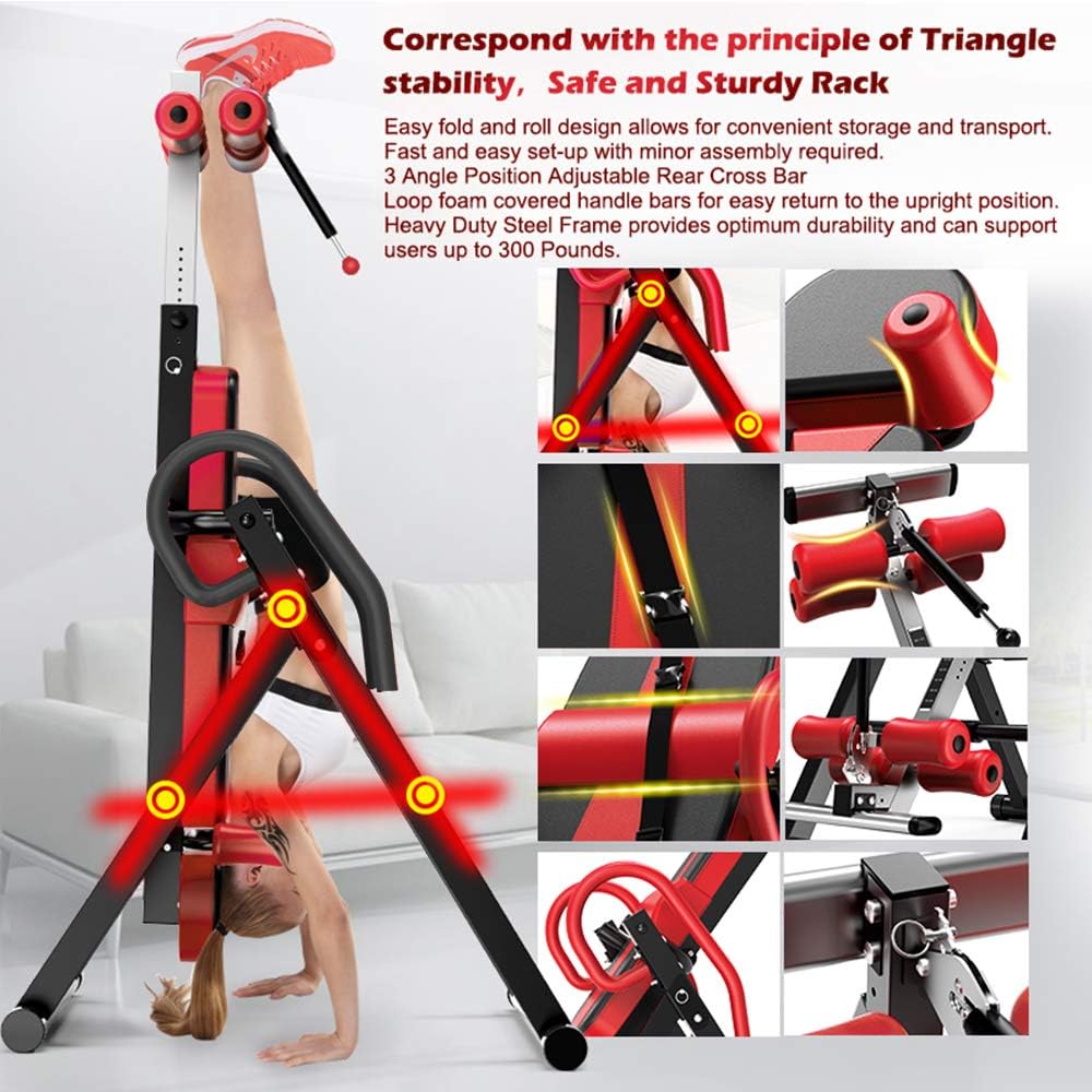 YOLEO Gravity Heavy Duty Inversion Table with Headrest & Adjustable Protective Belt Back Stretcher Machine for Pain Relief Therapy (Red)