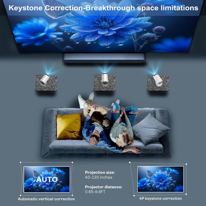 Mini Portable Projector 4K 1080P Full HD Compatible with Android 11 and Netflix - WiFi 6, BT 5.0, 180° Rotation, Small Home Theater Projector with Automatic Keyhole Correction