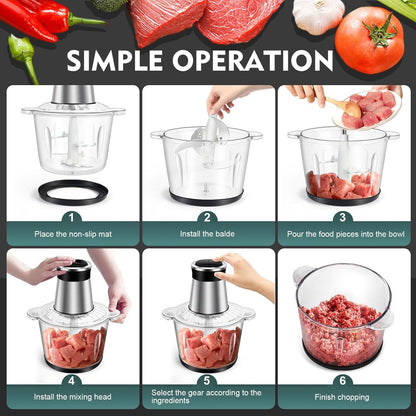 SKY-TOUCH Multi Chopper & Mincer,500W Food Grinder Chopper,2 Speed,6 Detachable SS Blades,for Chopping, Ice Crushing, Meat Mincing, Grinding, Pureeing,Anti Slip Ring,3L Working Capacity