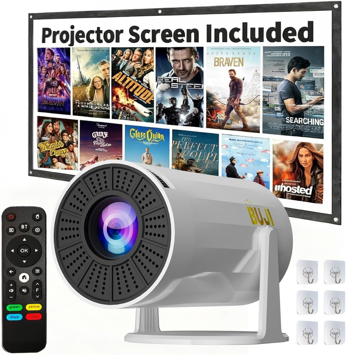コブキBUJI 4K 1080P Portable Projector with Screen 1500LM Arabic UI Android 11.0 HD Mini Projector 5G WIFI bluetooth home video projector Auto Keystone 180° Rotatable with Stand CE/FCC Certified
