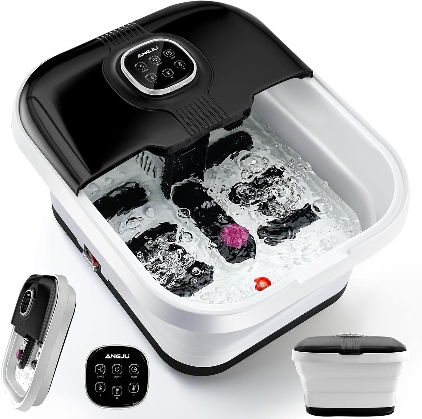 Angju Collapsible Foot Spa with Heat,Remote Temperature Control and Bubble,Foot Bath Massager Tub with 6 Massage Rollers,Timer and Pumice Stone,Electric Pedicure Feet Soak Machine for Stress Relief