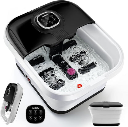 Angju Collapsible Foot Spa with Heat,Remote Temperature Control and Bubble,Foot Bath Massager Tub with 6 Massage Rollers,Timer and Pumice Stone,Electric Pedicure Feet Soak Machine for Stress Relief