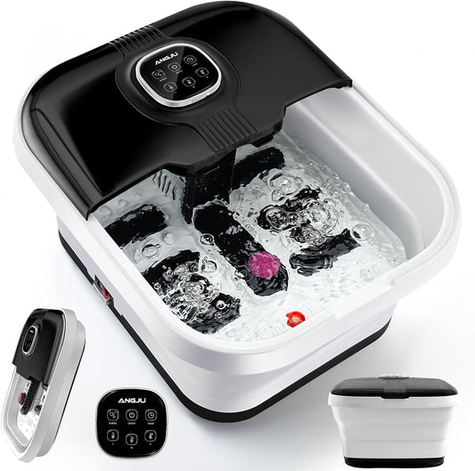 Angju Collapsible Foot Spa with Heat,Remote Temperature Control and Bubble,Foot Bath Massager Tub with 6 Massage Rollers,Timer and Pumice Stone,Electric Pedicure Feet Soak Machine for Stress Relief