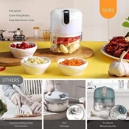 BIGTHREE Electric Mini Garlic Chopper, Portable Cordless Wireless Garlic Chopper, Food Chopper, for Garlic Onion Veggie, Dicing and mincing, in one food processor kitchen chopper masher (250ML)