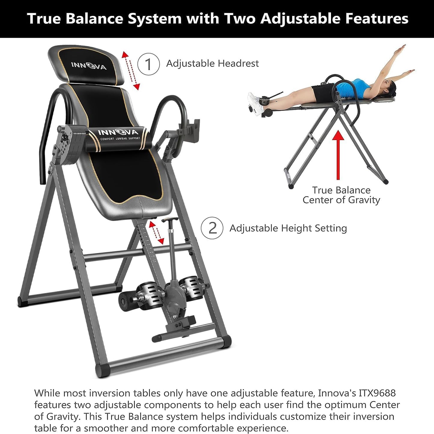 Innova Inversion Table with Adjustable Headrest, Reversible Ankle Holders, and 300 lb Weight Capacity