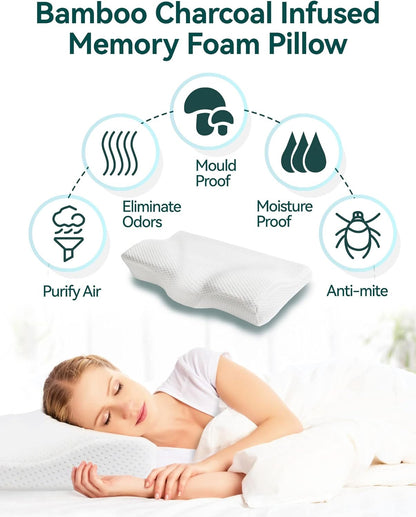 Travel Ease Contour Memory Foam Pillow, Bedding Bamboo Charcoal Neck Pillow, Orthopedic Butterfly-Wings Shape Cervical Pillow for Neck Pain Relief, Side Sleepers and Back Sleepers