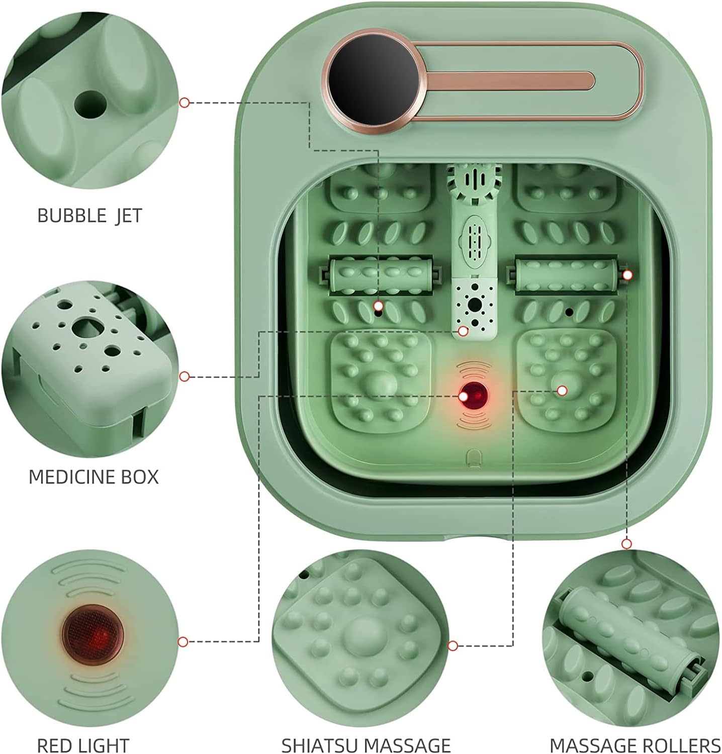 Angju Collapsible Foot Spa Bath with Heat and Bubble Massage and Jets, Pedicure Foot Massager Spa, Electric Foot Soaking Tub with Massage Rollers and Foot File, Heated Foot Spa(Green)