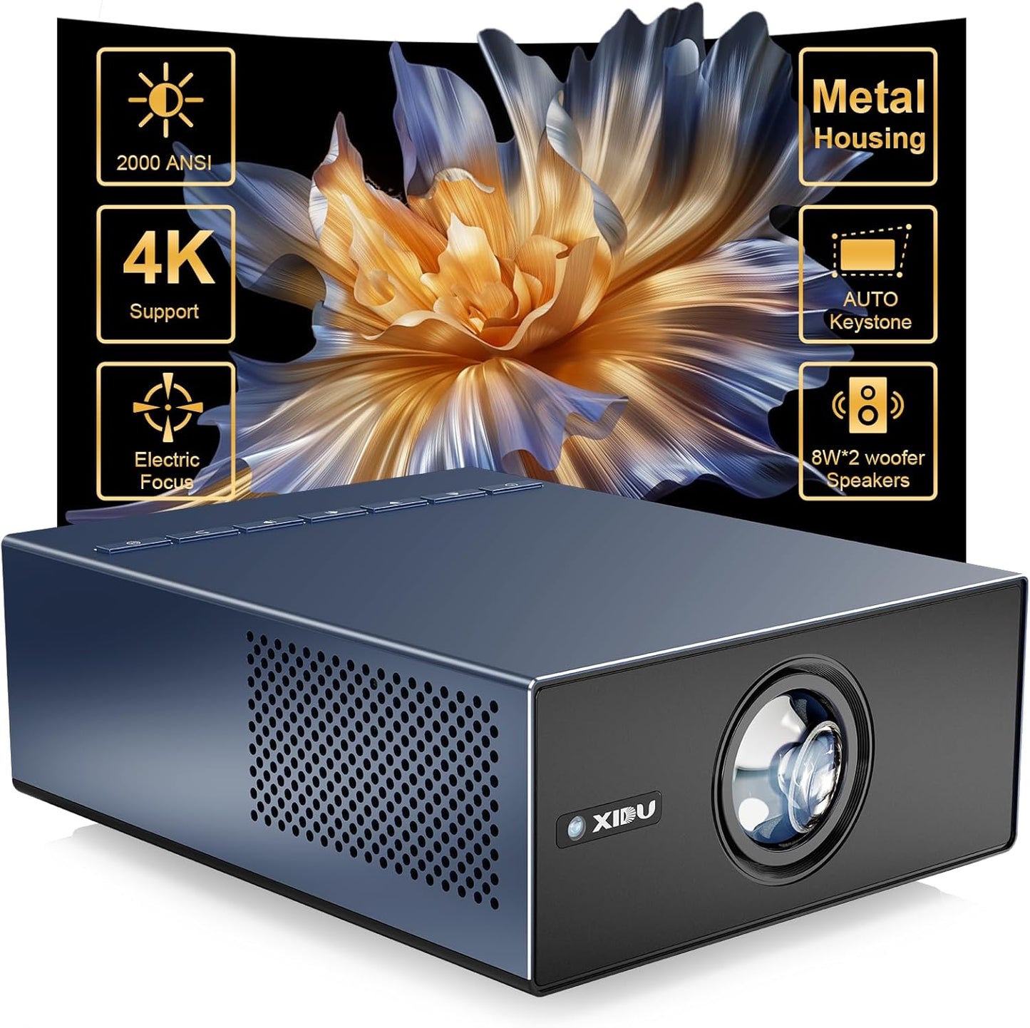 4K Projector with WIFI and Bluetooth, XIDU 2000ANSI Electric Focus Aluminum Alloy Projector, Auto Keystone 1080P Movie proyector, Dual 8W Speaker, Home Theater Portable Projecter for Phone (Naval)