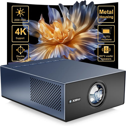 4K Projector with WIFI and Bluetooth, XIDU 2000ANSI Electric Focus Aluminum Alloy Projector, Auto Keystone 1080P Movie proyector, Dual 8W Speaker, Home Theater Portable Projecter for Phone (Naval)