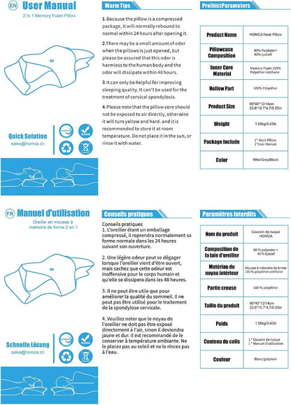 HOMCA Memory Foam Cervical Pillow, 2 in 1 Ergonomic Contour Orthopedic Pillow for Neck Pain, Contoured Support Pillows for Side Back Stomach Sleepers