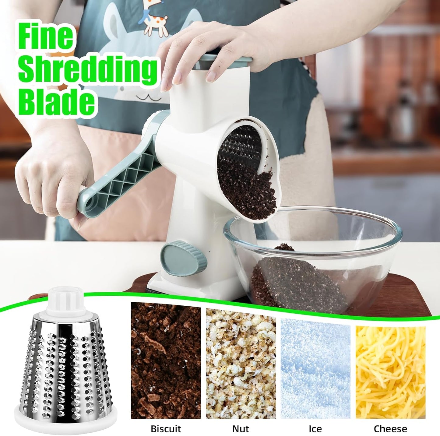 Rotary Cheese Grater Manual with 3 Blades for Slice, Dice, Julienne, Vegetable Chopper Safest Vegetable Slicer Home Accessories Cutter for Salad Potato Veg Onion Garlic Carrot Fruit