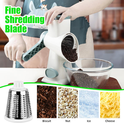 Rotary Cheese Grater Manual with 3 Blades for Slice, Dice, Julienne, Vegetable Chopper Safest Vegetable Slicer Home Accessories Cutter for Salad Potato Veg Onion Garlic Carrot Fruit