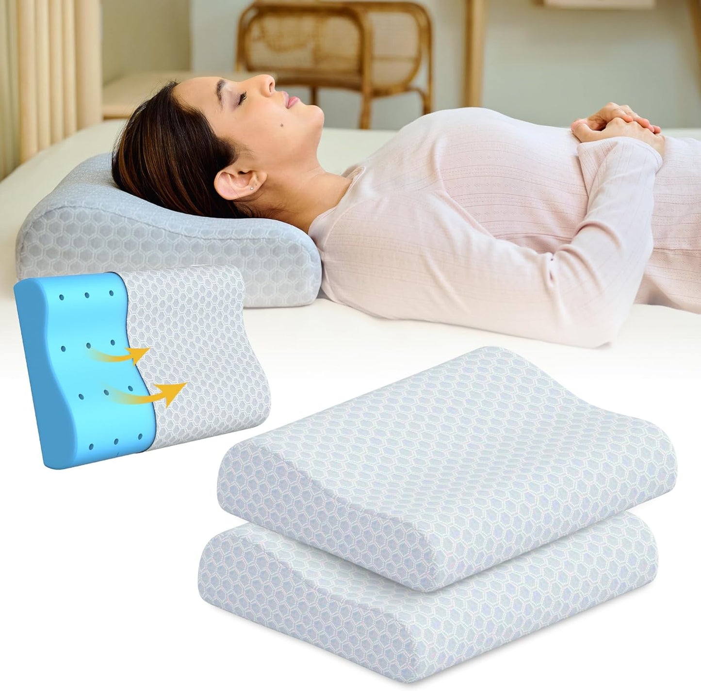 CareFoam Memory Foam Pillow, Contour Cervical Pillow for Neck & Shoulder Pain - Orthopedic Pillow, Neck Cervical Sleeping Pillows for Side & Back Sleepers White Jacquard Cover-Standard (Pack of 2)