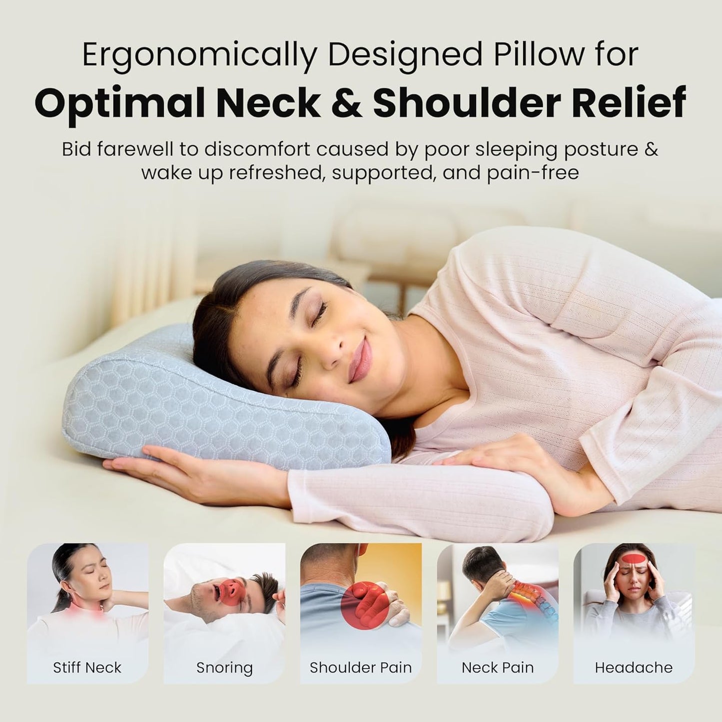 CareFoam Memory Foam Pillow, Contour Cervical Pillow for Neck & Shoulder Pain - Orthopedic Pillow, Neck Cervical Sleeping Pillows for Side & Back Sleepers White Jacquard Cover-Standard (Pack of 2)