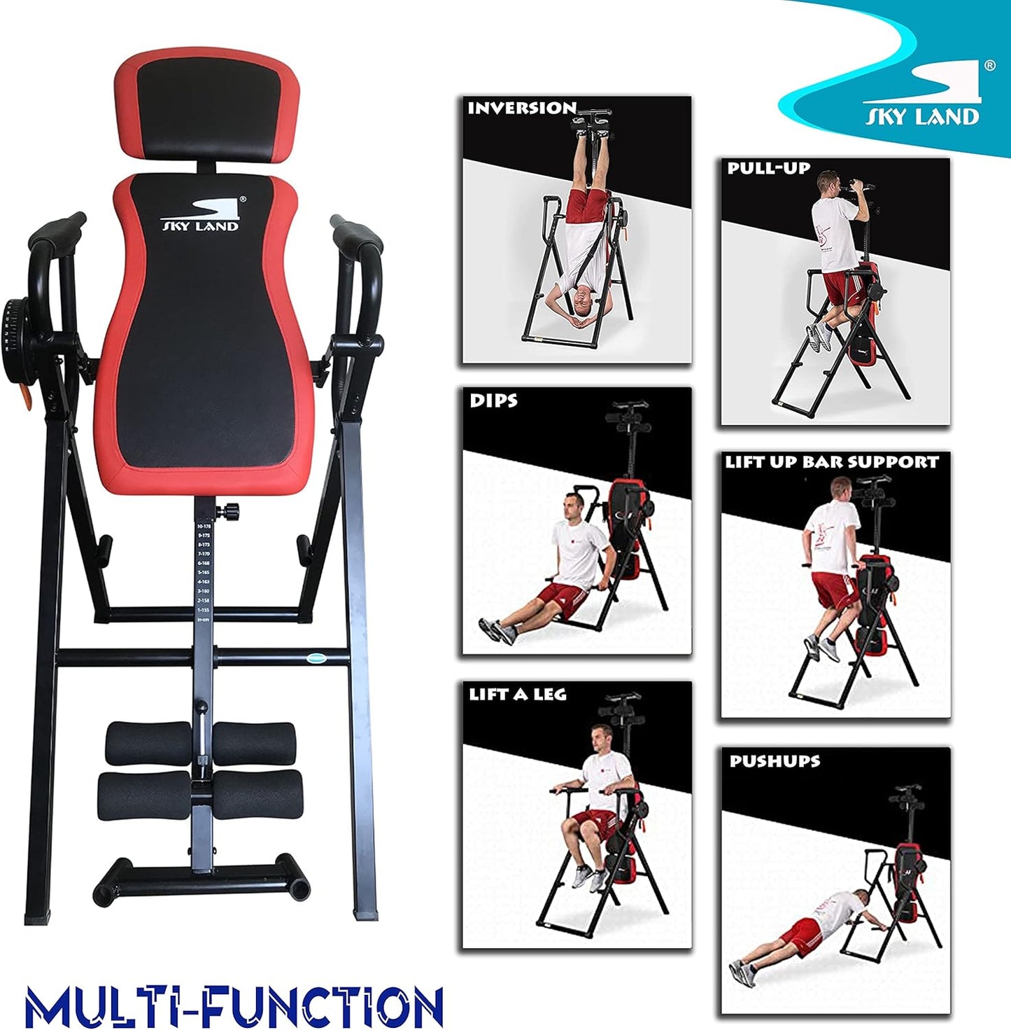 SKY LAND 6 In 1 Sturdy Inversion Table-Em-1863: Inversion/Steel Frame/Adj.Safety Belt/Extra-Large Padding/Comfortable Safety Feet Bar/Intelligent Swivel System/For Stretching, Pain Relief-EM-1863