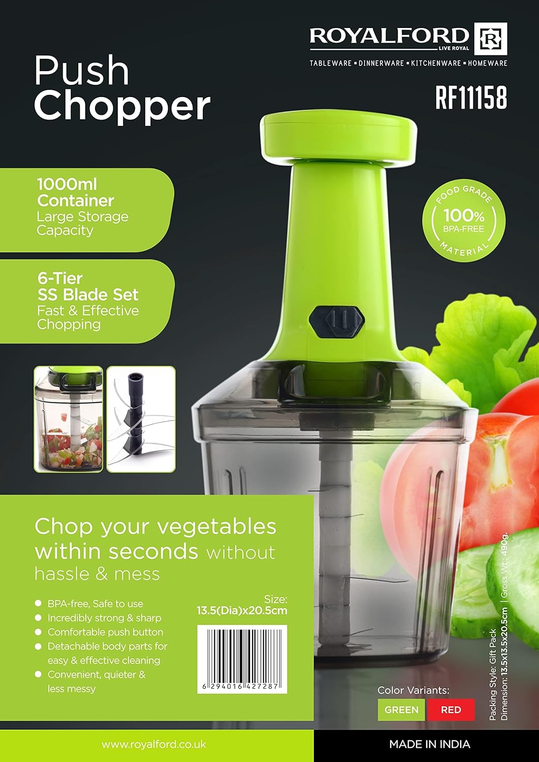 RoyalFord 1000 ML Push Chopper RF11158 Compact Chopper with 6 Blades Suitable BPA Free, Muulticolor